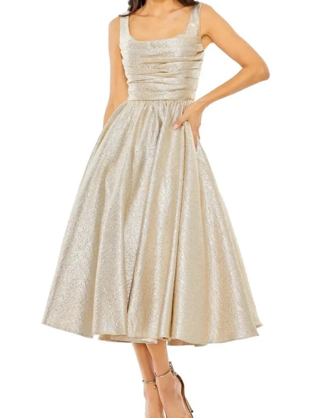 Mac Duggal Oyster Shimmering Square Neck A-Line Midi Dress